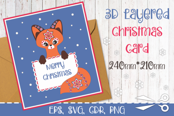 3D Layered Christmas Card with Fox: Festive 3D SVG for Seasonal Branding
